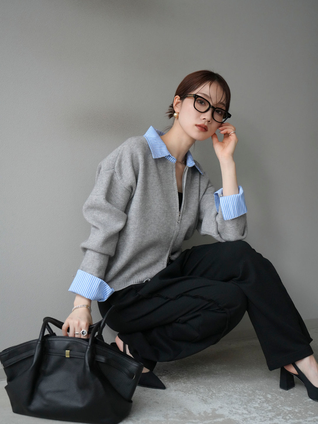 [SET]ストライプシャツレイヤードZIPニットカーディガン+2WAYデザインスウェットパンツ(2set)