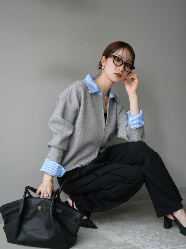 [SET]ストライプシャツレイヤードZIPニットカーディガン+2WAYデザインスウェットパンツ(2set)