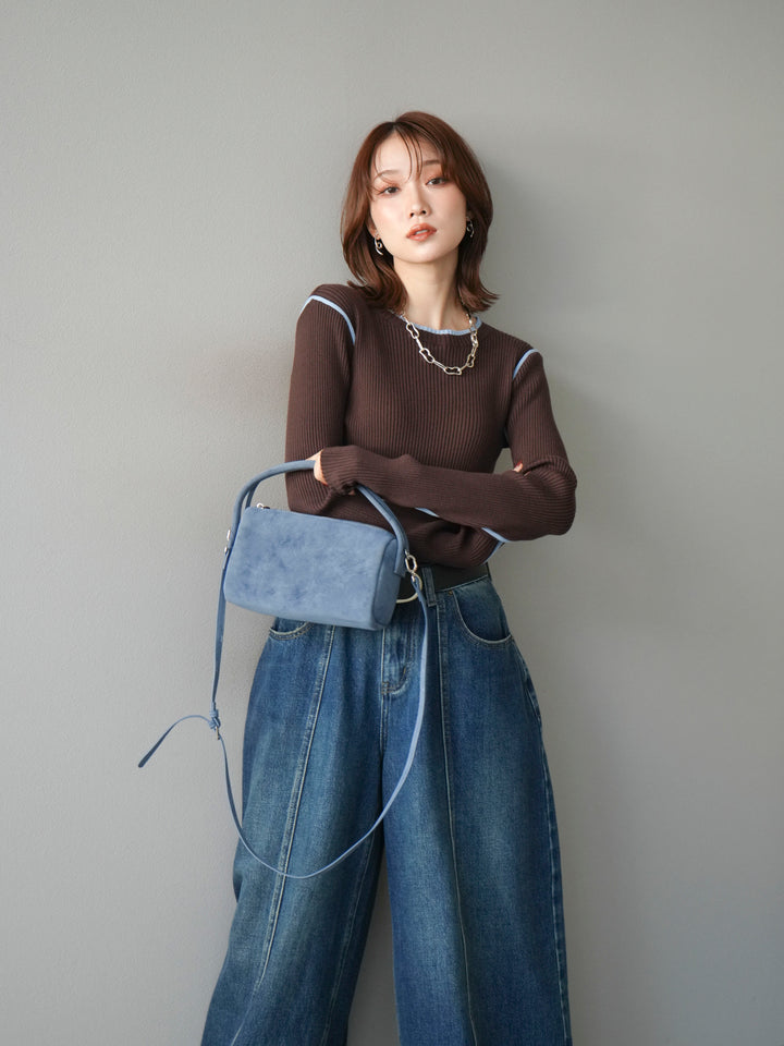 [予約]バイカラークルーネックリブニットトップス/brown