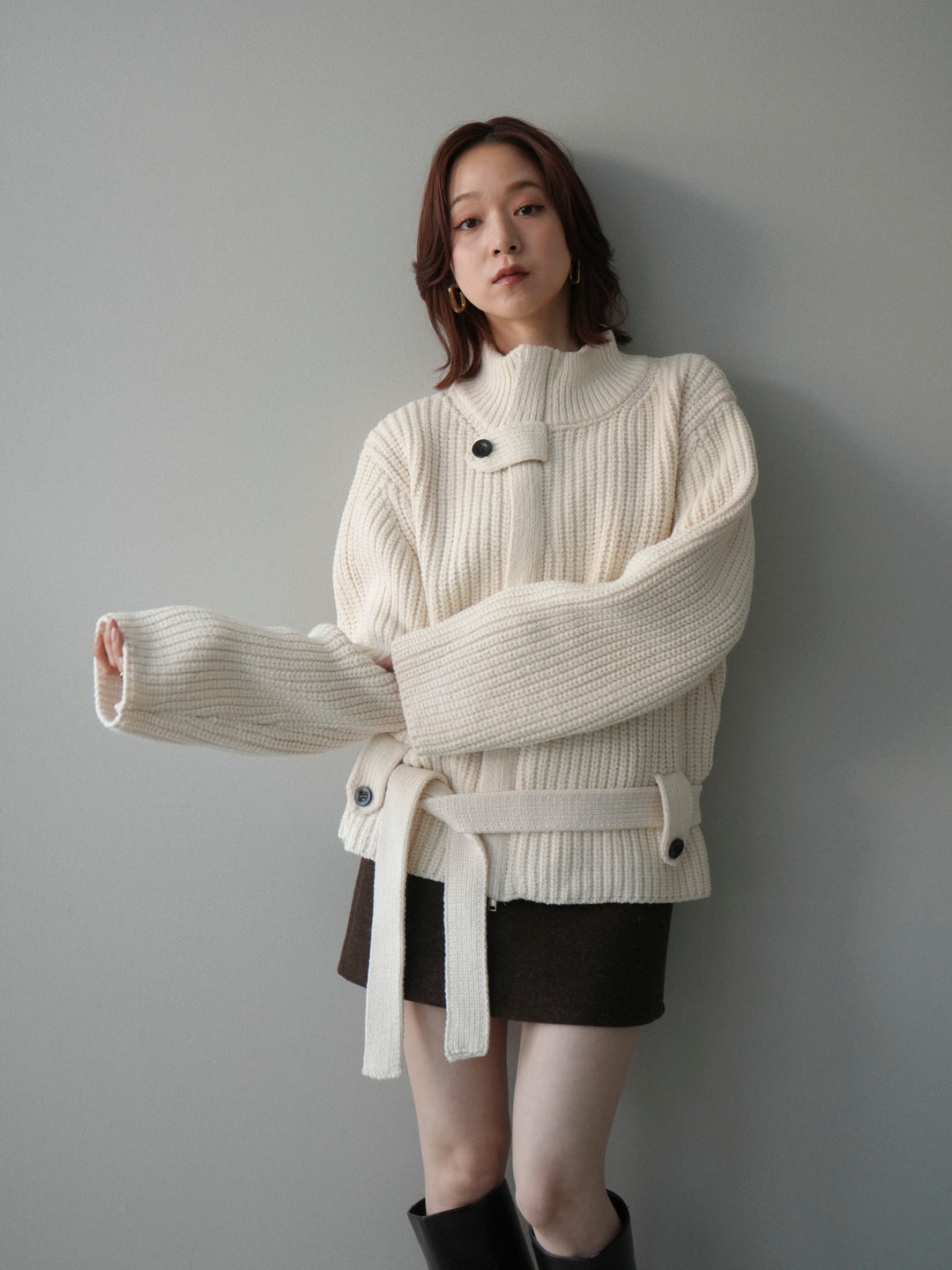 [予約]畦編みボトルネックZIPニットカーディガン/white