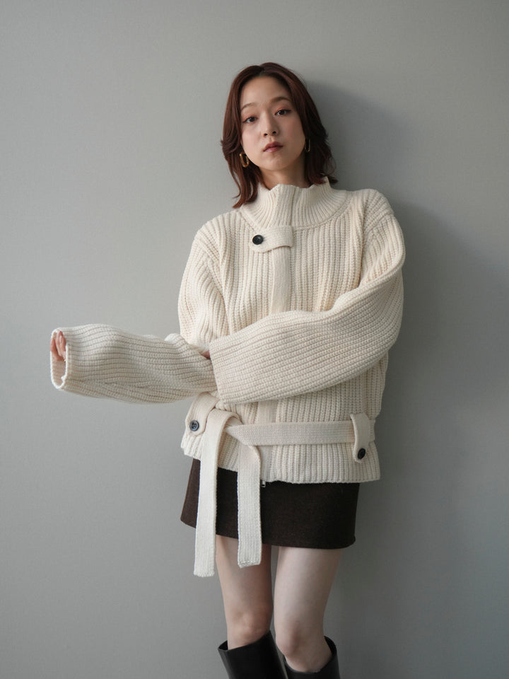 [予約]畦編みボトルネックZIPニットカーディガン/white