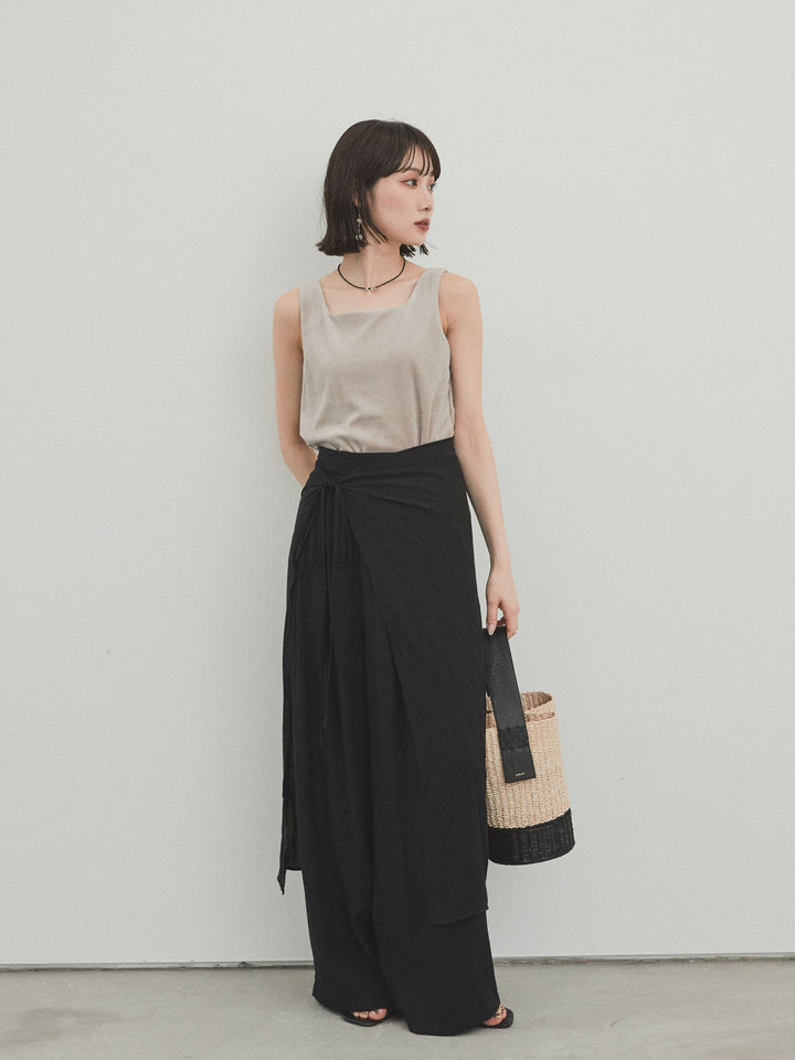 [SET]スクエアベロアタンクトップ+ワッシャーサテンレイヤードスカートパンツ(2set)