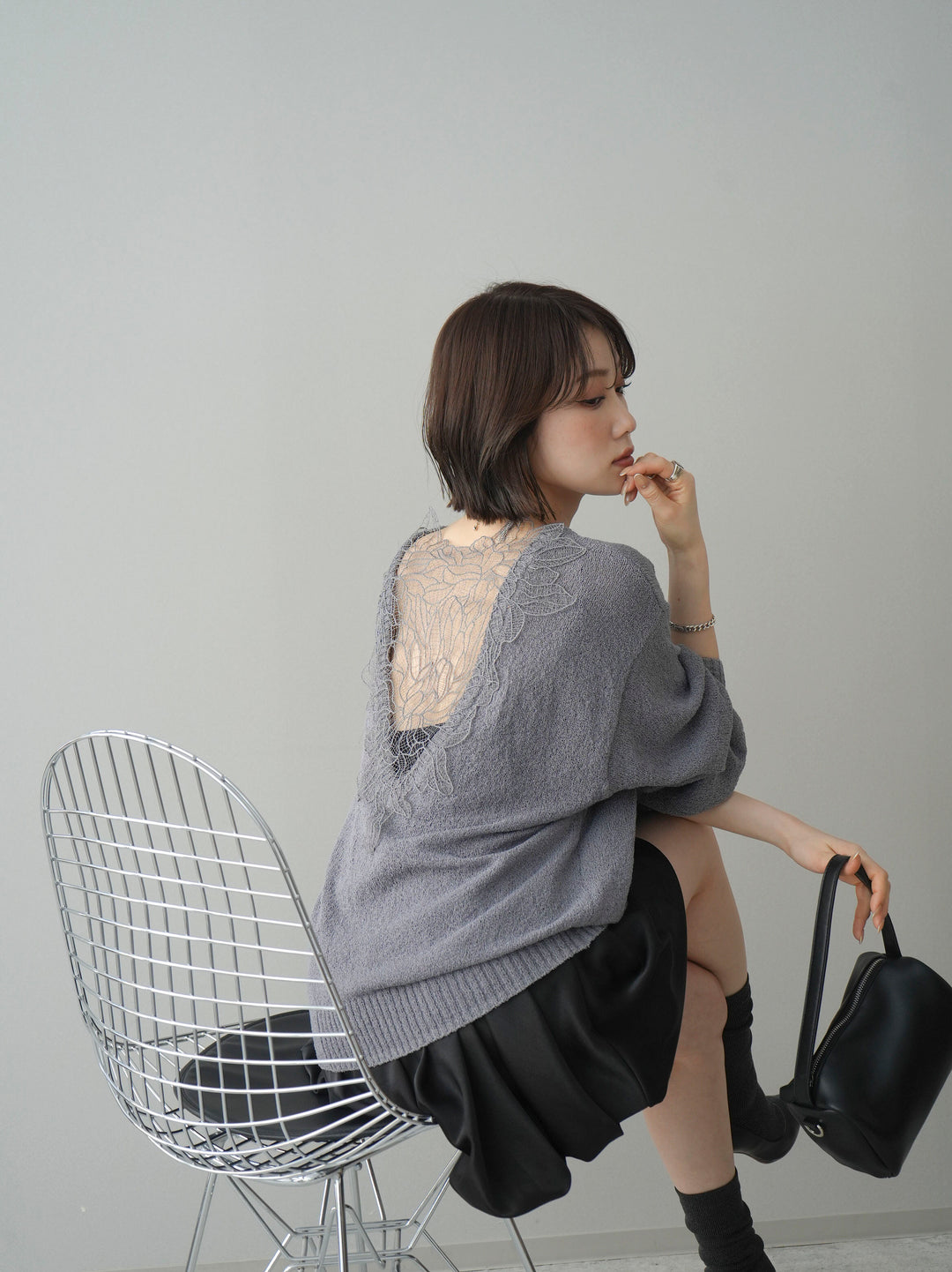 [予約]バックシアーフラワーレースニットプルオーバー/gray
