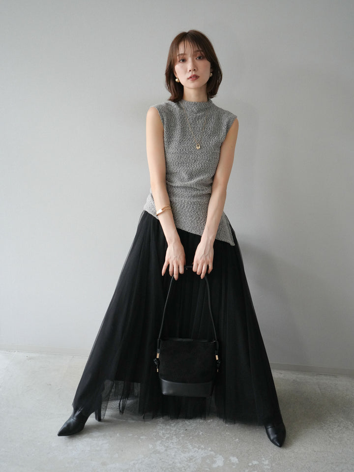 [SET]ブークレアシメニットノースリーブトップス+チュールボリュームスカート(2set)