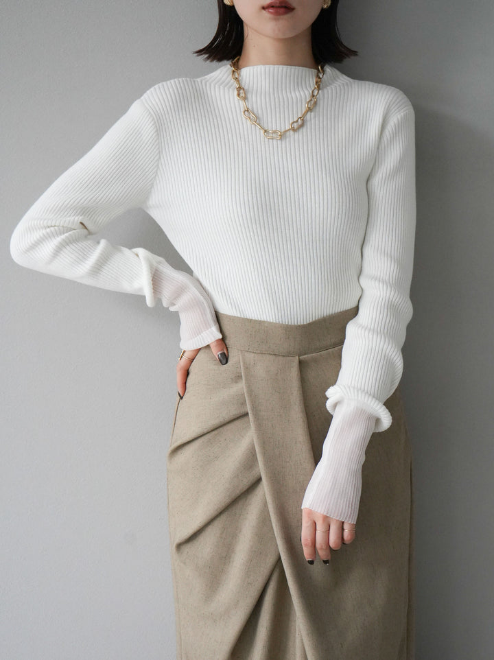 [予約]袖ラメシアー切替リブニットトップス/オフ