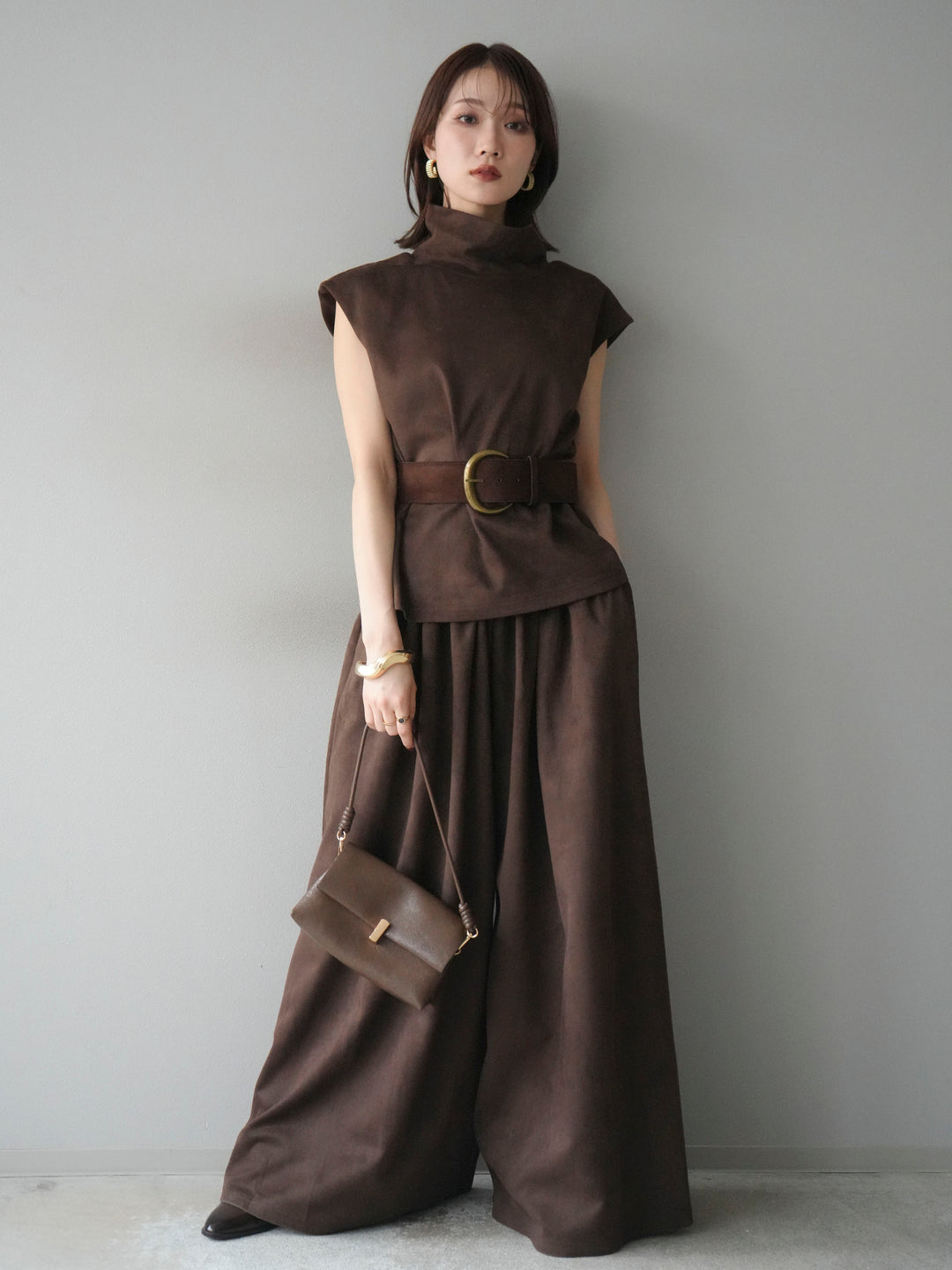 [SET]ベルト付スエードハイネックプルオーバー＆ワイドパンツSET UP