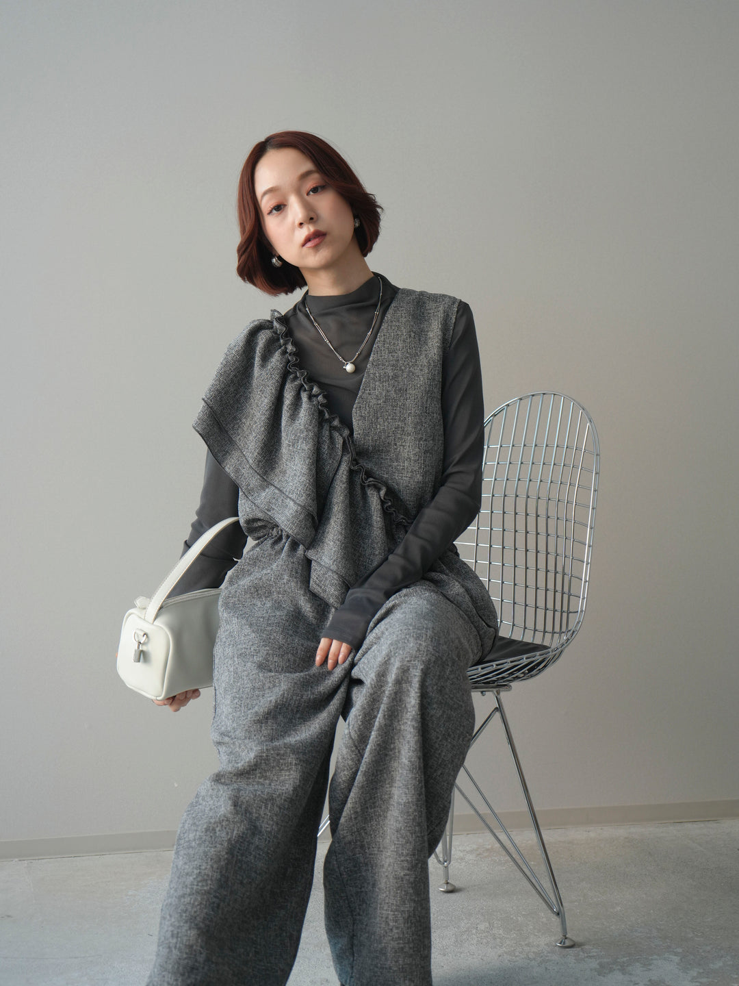 [SET]3WAYミックスツイードギャザーオールインワン+シアープチネックストレッチトップス(2set)