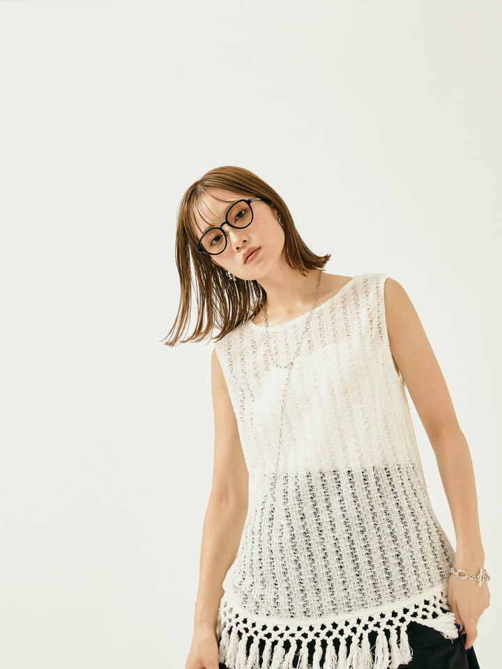 [予約]フリンジ透かし編みニットベスト/ホワイト