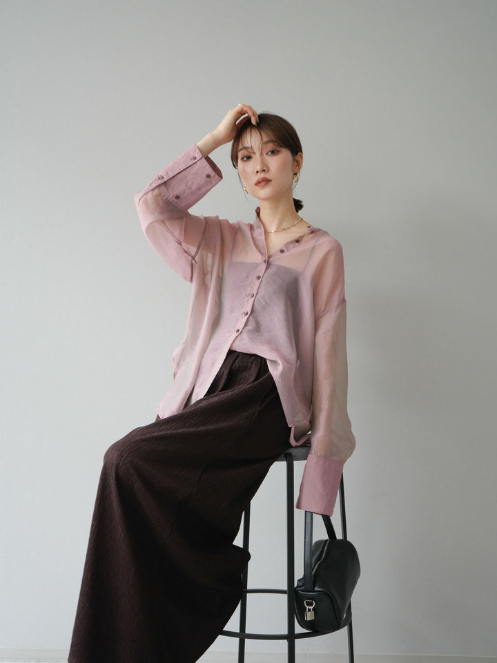[SET] 亮面透視立領襯衫 + 柳葉寬褲 (2set)