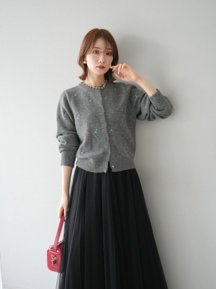 [SET]フラワー刺繍ニットカーディガン+チュールボリュームスカート(2set)