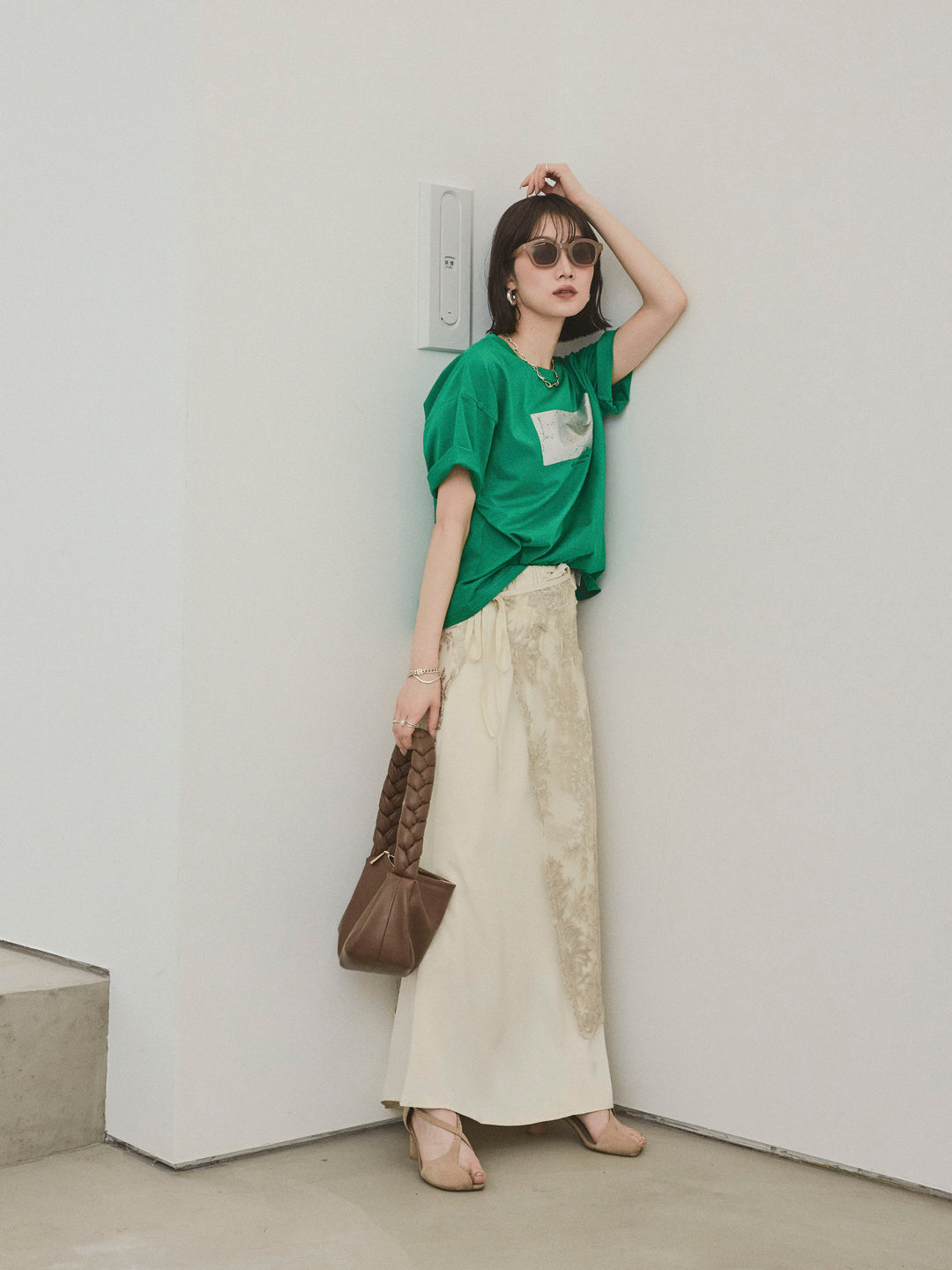 [SET]箔プリントドライタッチコットンTEE +チュールジャガードラップロングスカート(2set)