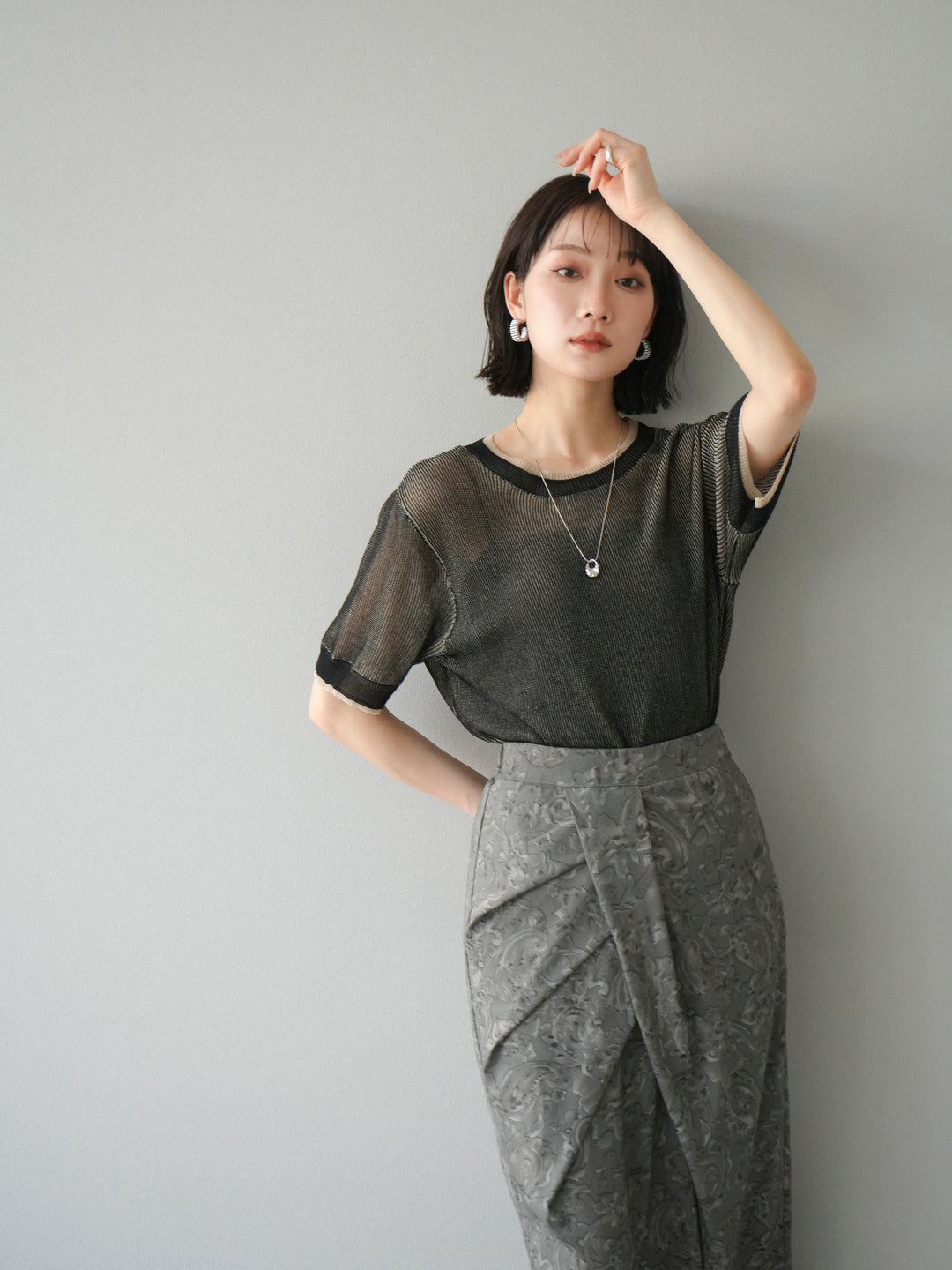 [SET]リネンタッチ配色二重臼ハーフニットトップス+選べるアソート柄スカートセット(2set)