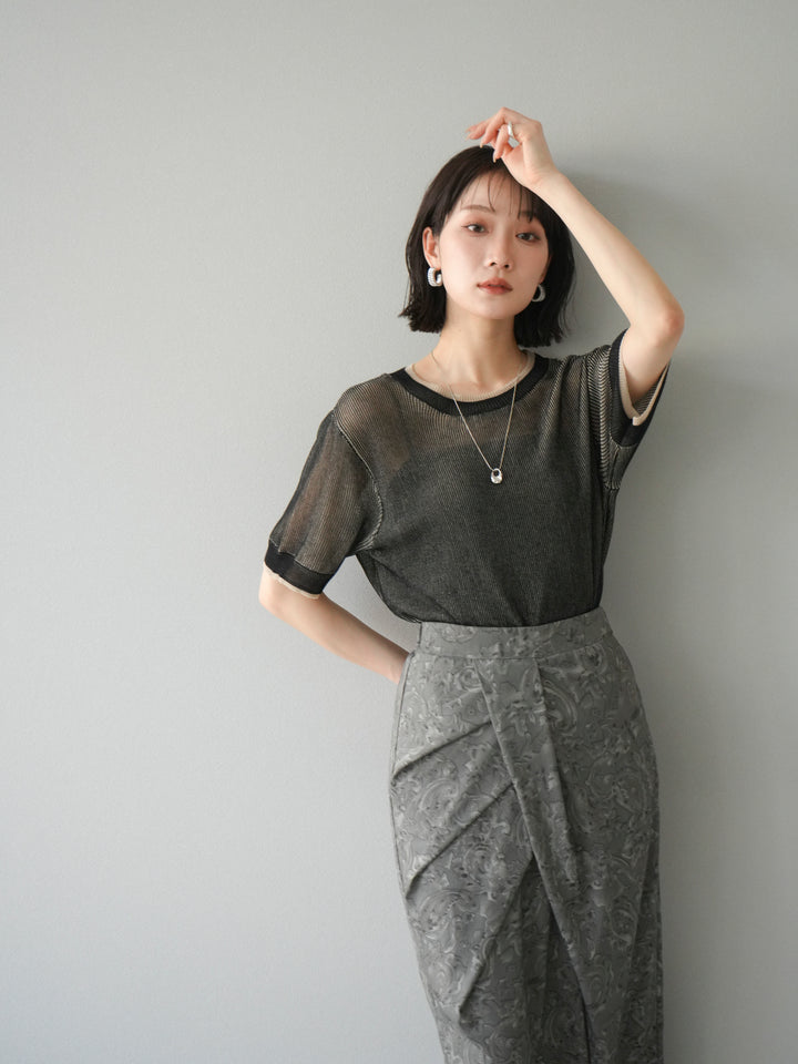 [SET]リネンタッチ配色二重臼ハーフニットトップス+選べるアソート柄スカートセット(2set)