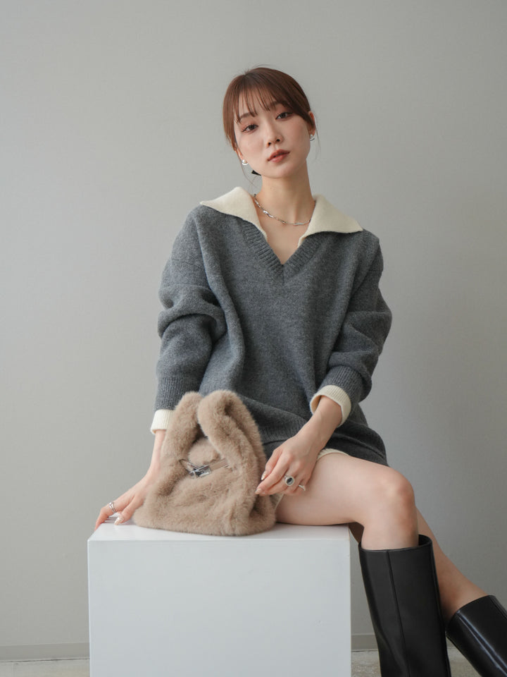 [SET]配色襟ニット＆ミニスカートSET UP+配色襟ニット＆ミニスカートSET UP(2set)