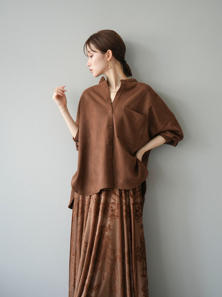 [SET]スエードバンドカラーオーバーシャツ+アンティーク柄フロッキーマキシスカート(2set)