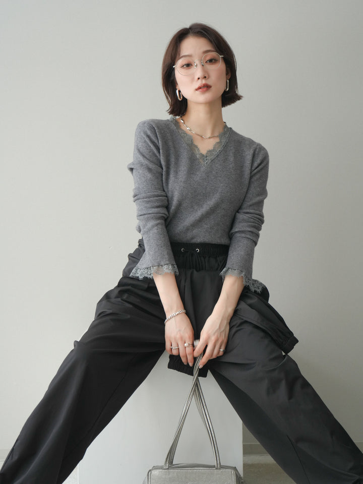 [予約]レースドッキングVネックニットトップス/gray