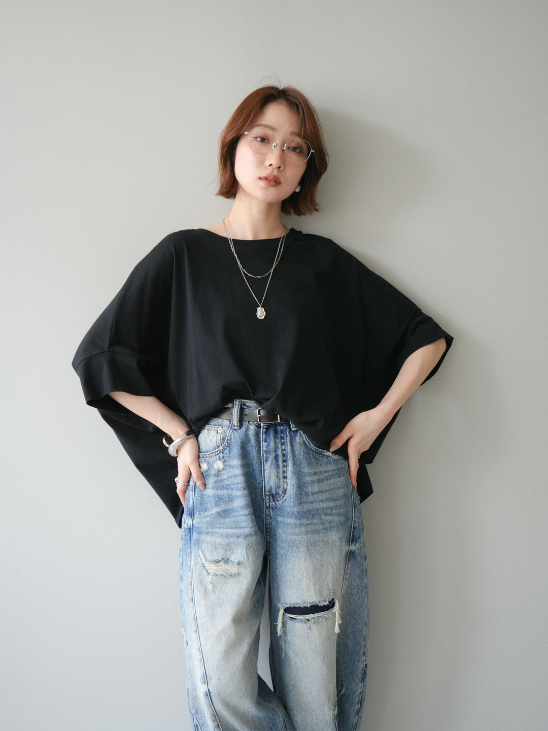 [SET]ドルマンワイドフレアトップス+ダメージカーブワイドデニムパンツ(2set)