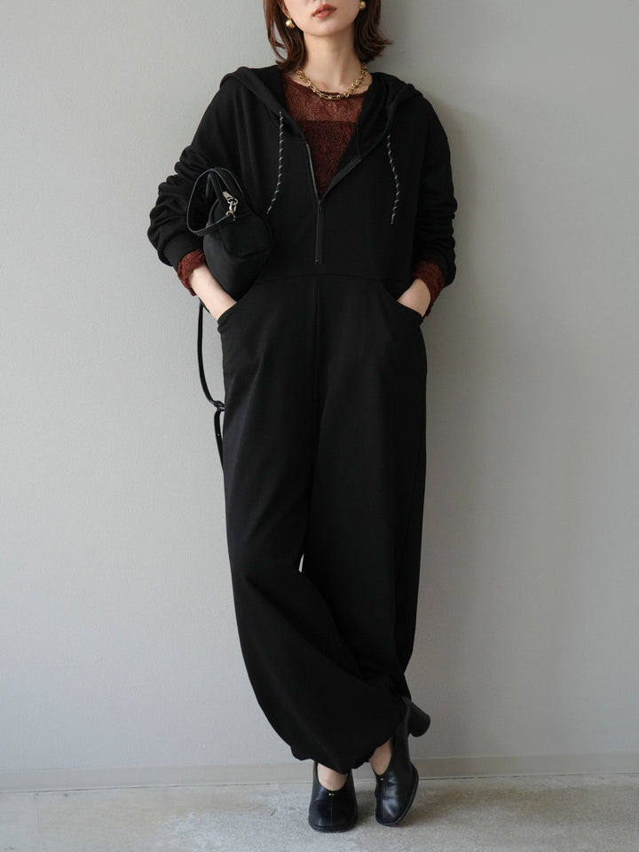[予約]ミニ裏毛フーディージャンプスーツ/ブラック