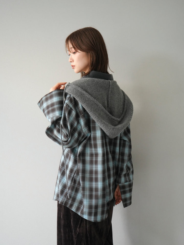 [SET]レザー襟オンブレチェックオーバーシャツ +クラッシュベロアナロースカート(2set)