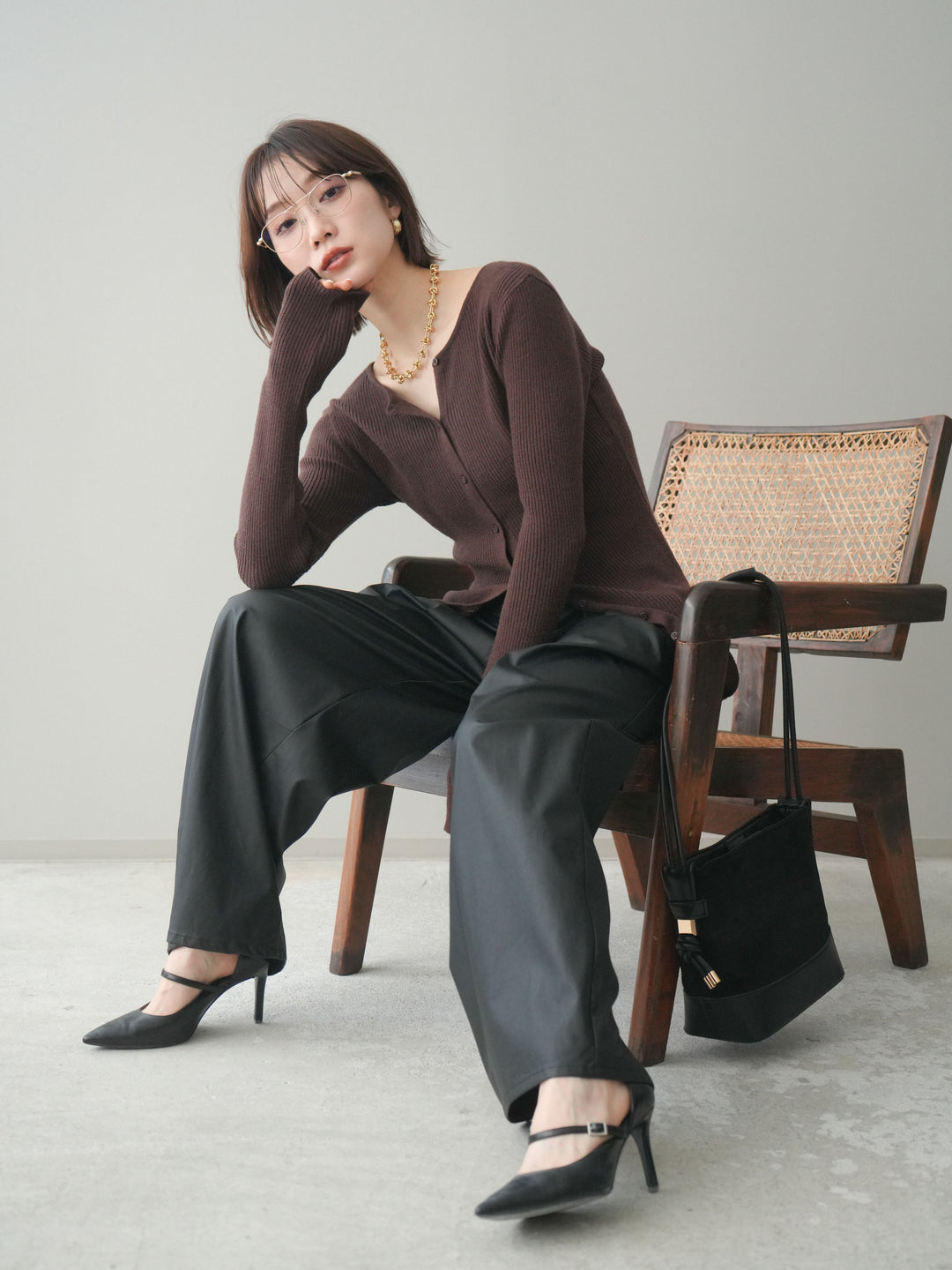 [予約]前後2WAYリブ編みクルーネックカーディガン/darkbrown