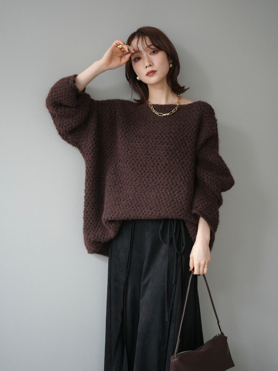 [予約]ワッフル編みオーバーニットプルオーバー/brown