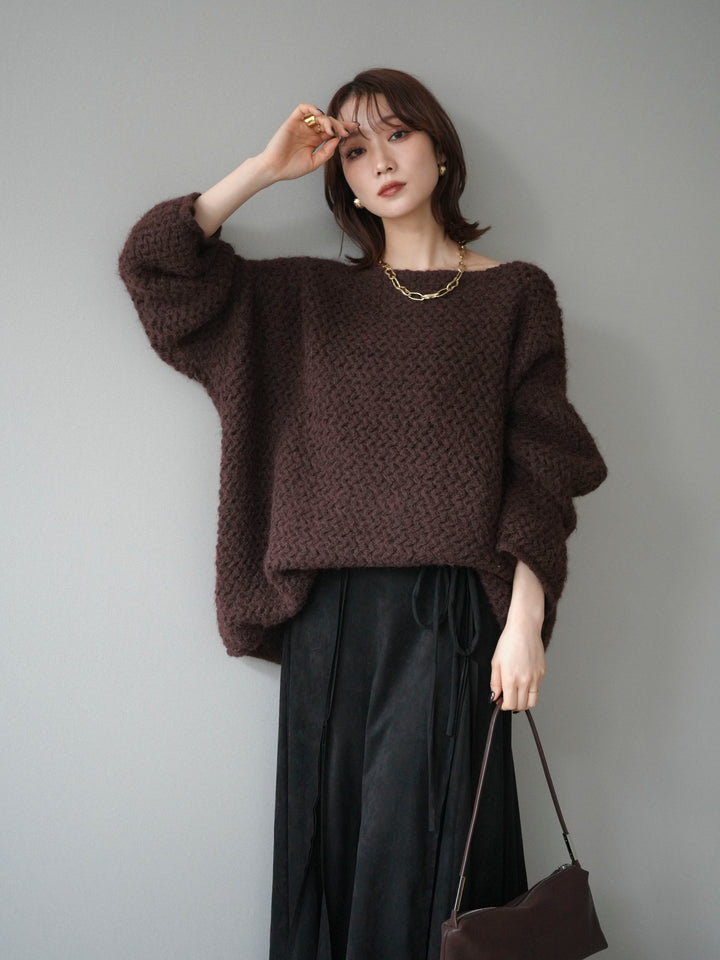 [予約]ワッフル編みオーバーニットプルオーバー/brown