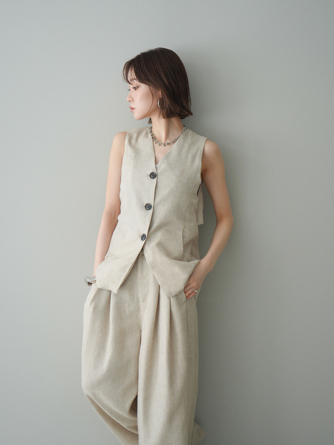 [SET]リネンライクバックオープンジレ+リネンライクタックワイドパンツ(2set)