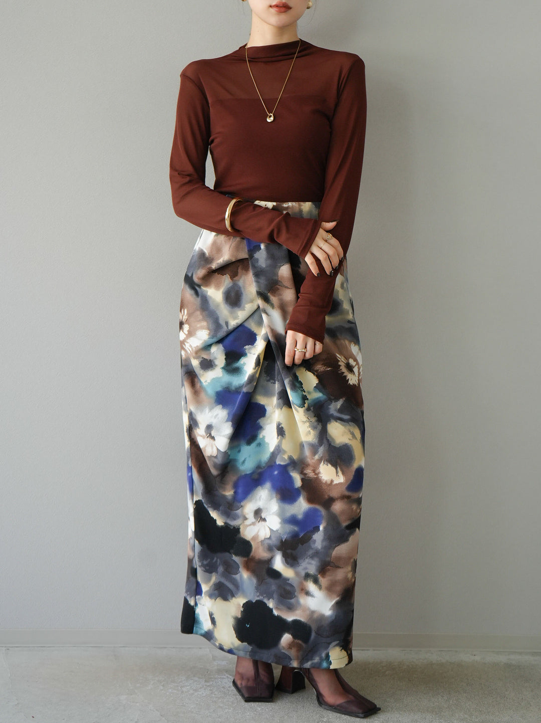 [予約]シアー切替ストレッチ長袖トップス/ブラウン