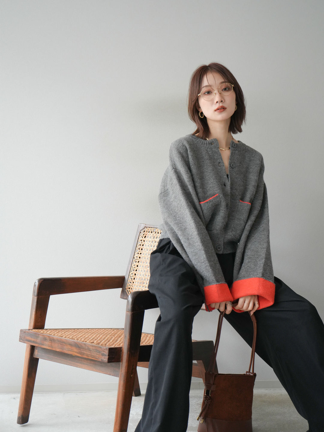 【SET】雙色針織開襟衫+褶襉設計寬褲（2套）