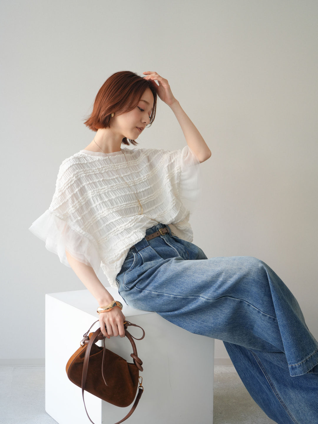 [予約]チュール袖リップルトップス/white