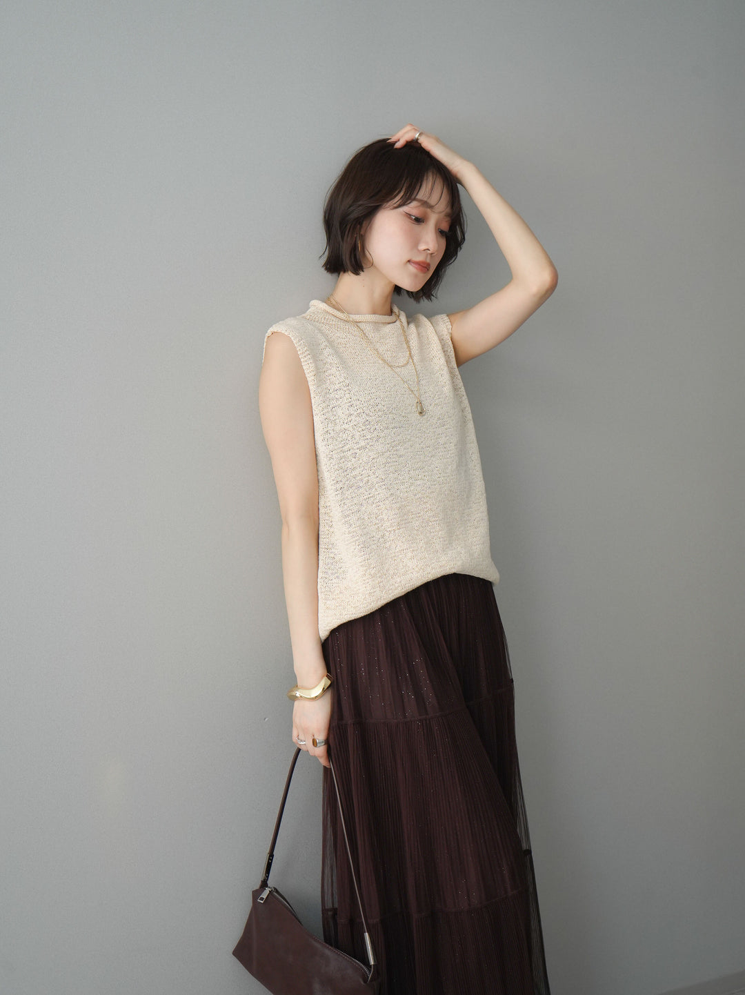 [予約]ノースリーブリネンタッチシアーニットプルオーバー/beige