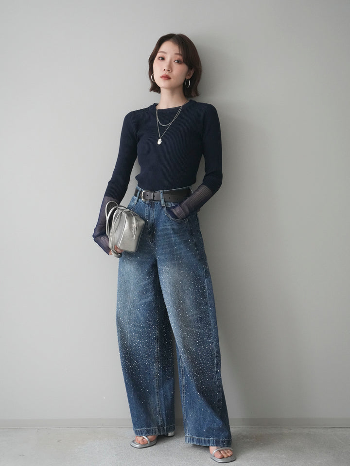 [SET]リブラメシアー切替リブニットトップス+ラインストーンカーブデニムパンツ(2set)