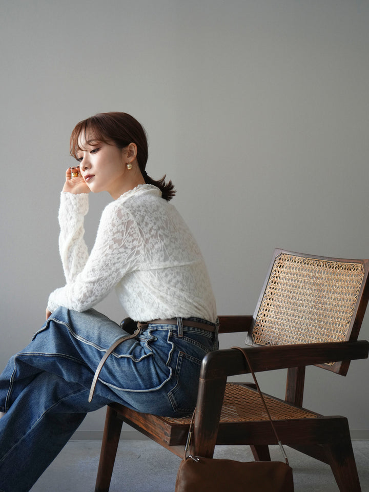 [予約]起毛レースプチネックトップス/white