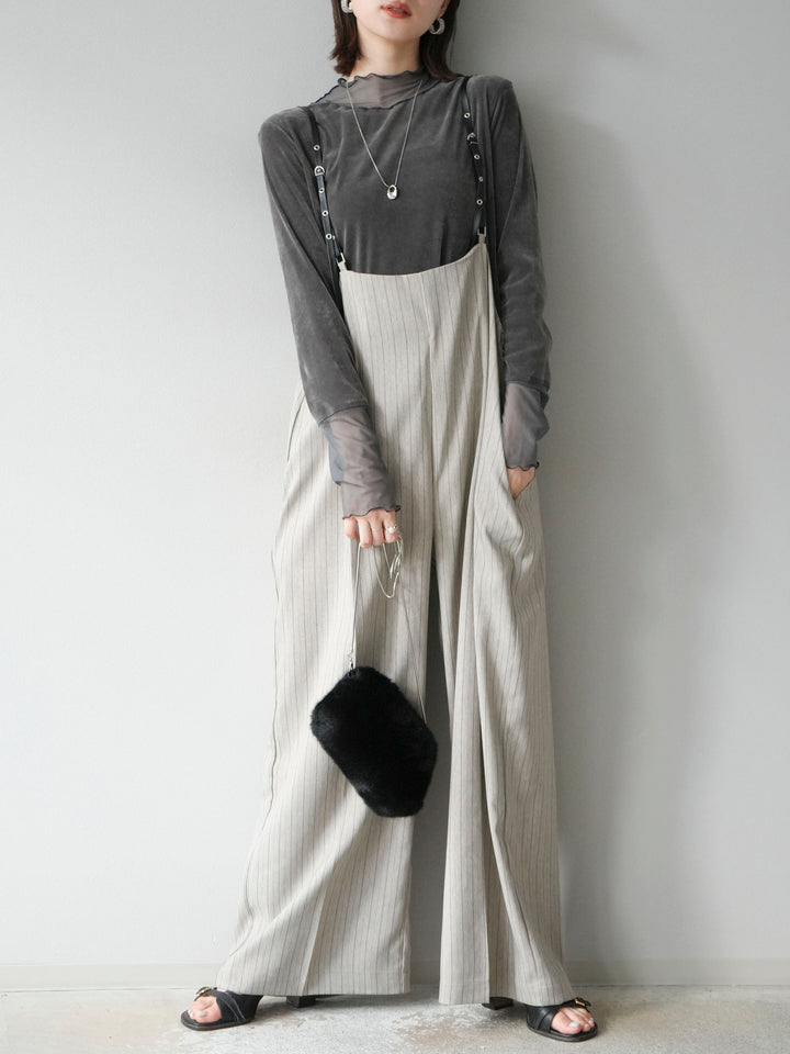 [SET]ヘリンボーンストライプサロペット+シアー切替ベロアトップス(2set)