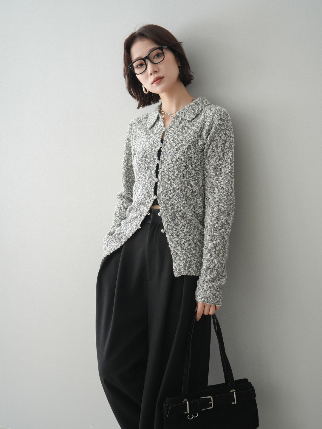 [SET]透かし編みブークレポロニットトップス+透かし編みブークレポロニットトップス(2set)