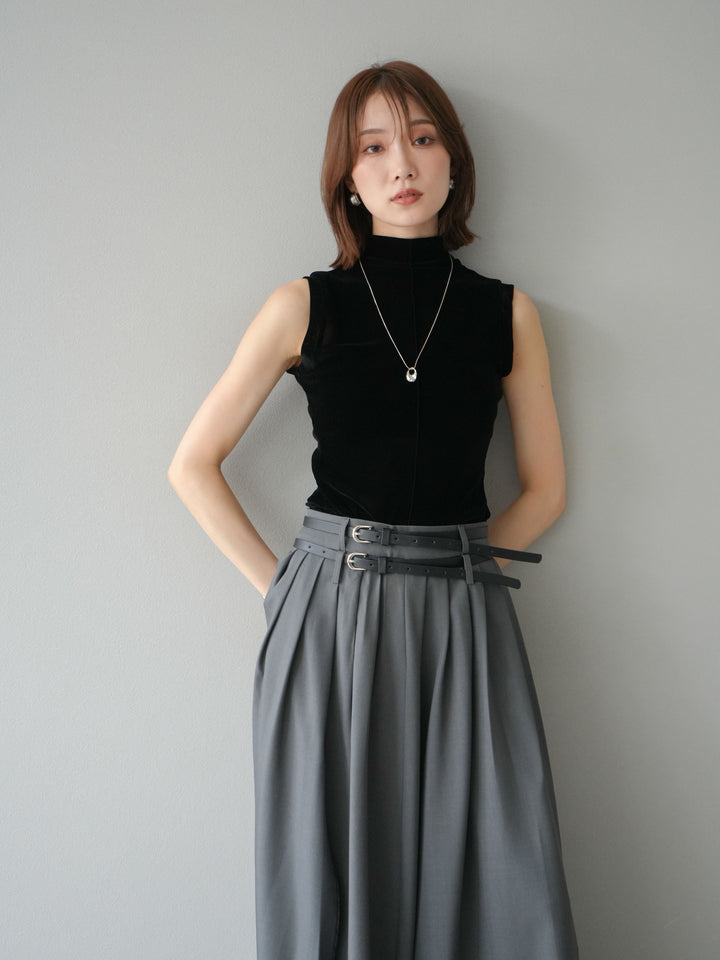 [SET]シアーベロアプチネックノースリーブトップス+エステルプリーツスリットスカート(2set)