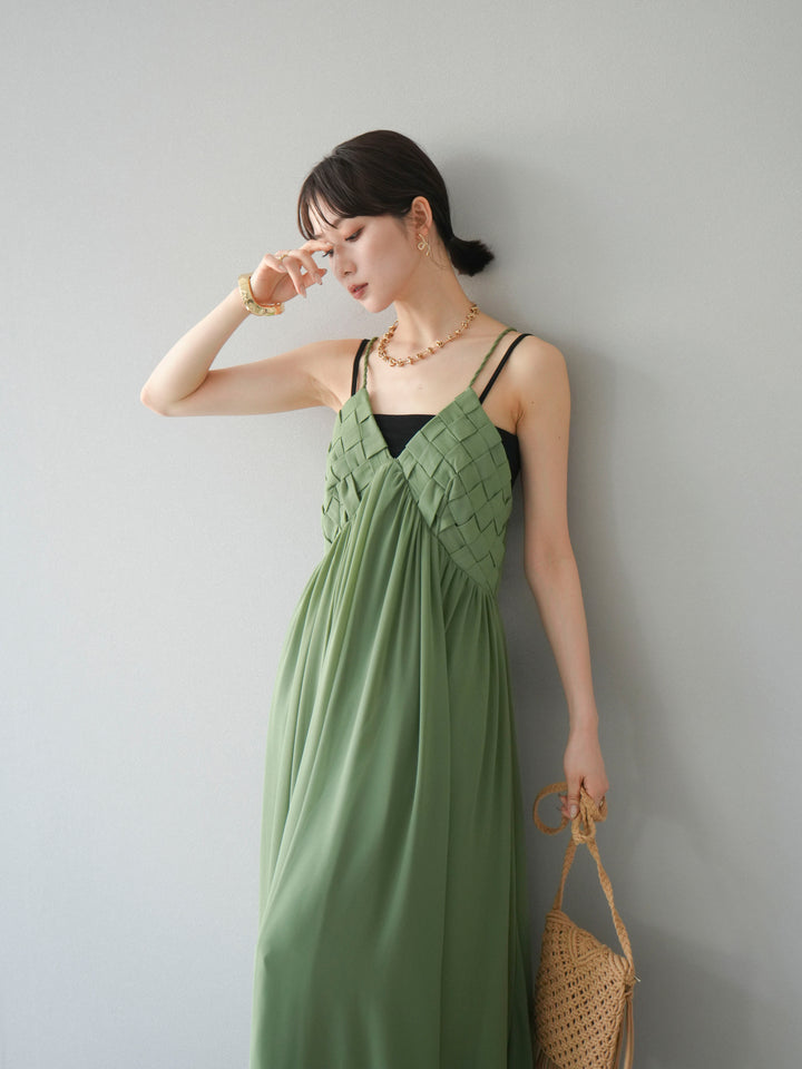 [SET]編み込みデザインシフォンワンピース+カップ付テレコリブベアキャミソール(2set)