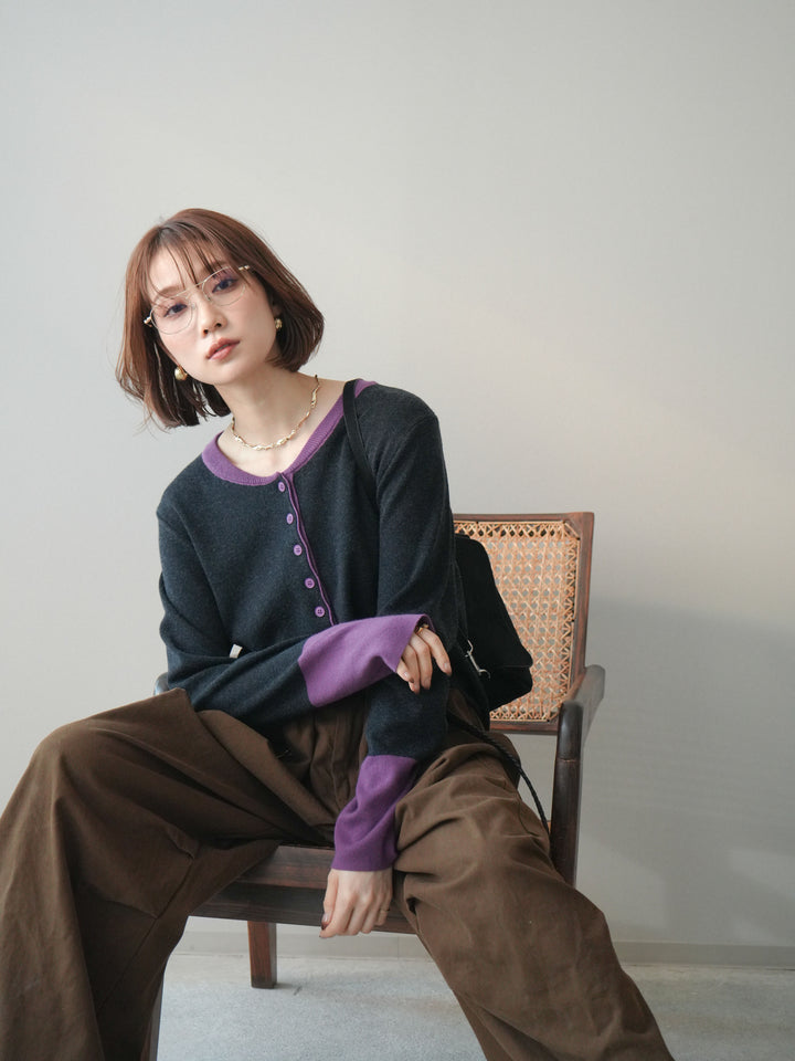 [SET]ヘンリーネック配色ニットソー+ヘンリーネック配色ニットソー(2set)