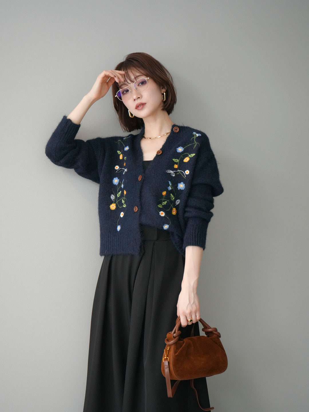 [予約]フラワー刺繍ニットカーディガン/blue