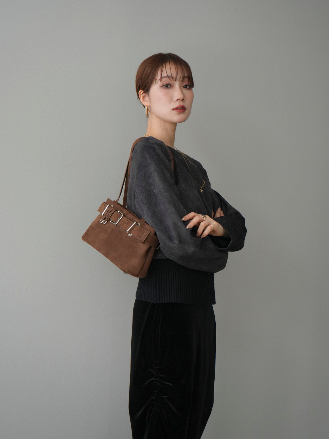 [予約]リブニットレイヤードスエードプルオーバー/charcoal