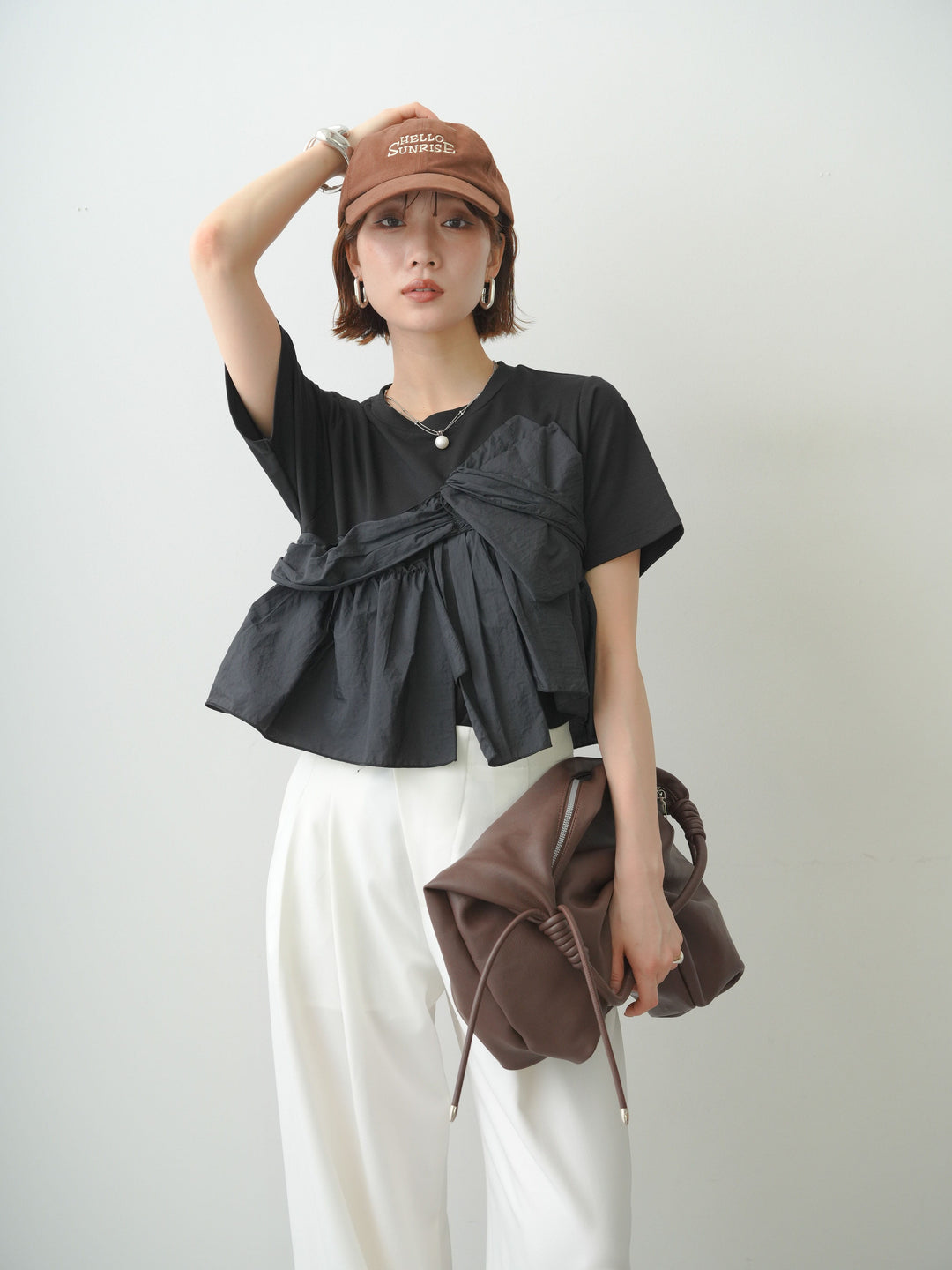 [SET]ナイロンドッキングツイストTEE +アシンメトリーベルトタックワイドパンツ(2set)