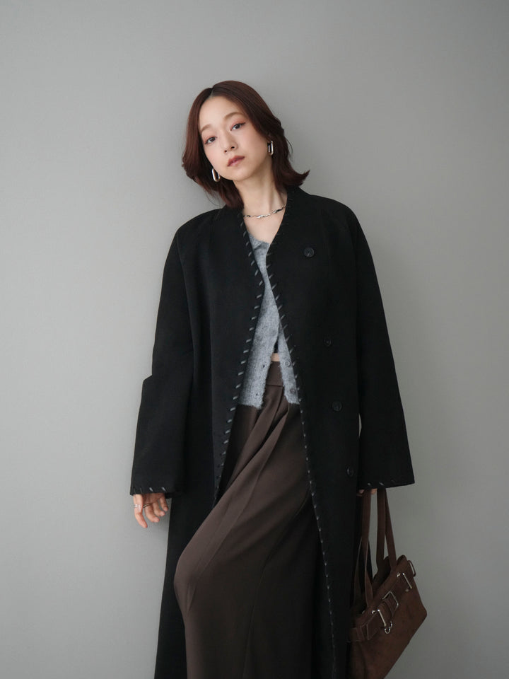 [SET]ハンドステッチ裏中綿ロングコート+モヘア衿付きボタンプルオーバー(2set)