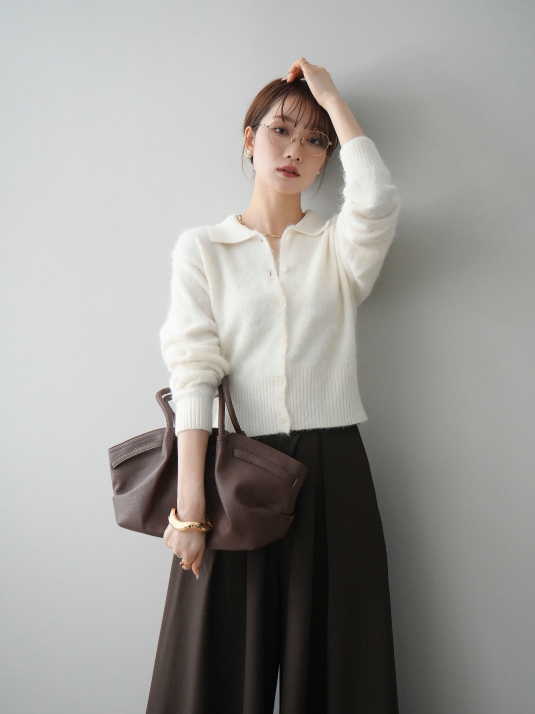 [SET]モヘア衿付きボタンプルオーバー+テープベルトタックバギーパンツ(2set)