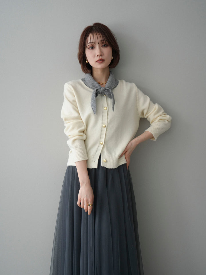 [SET]デザイン襟ニットカーディガン+チュールボリュームスカート(2set)