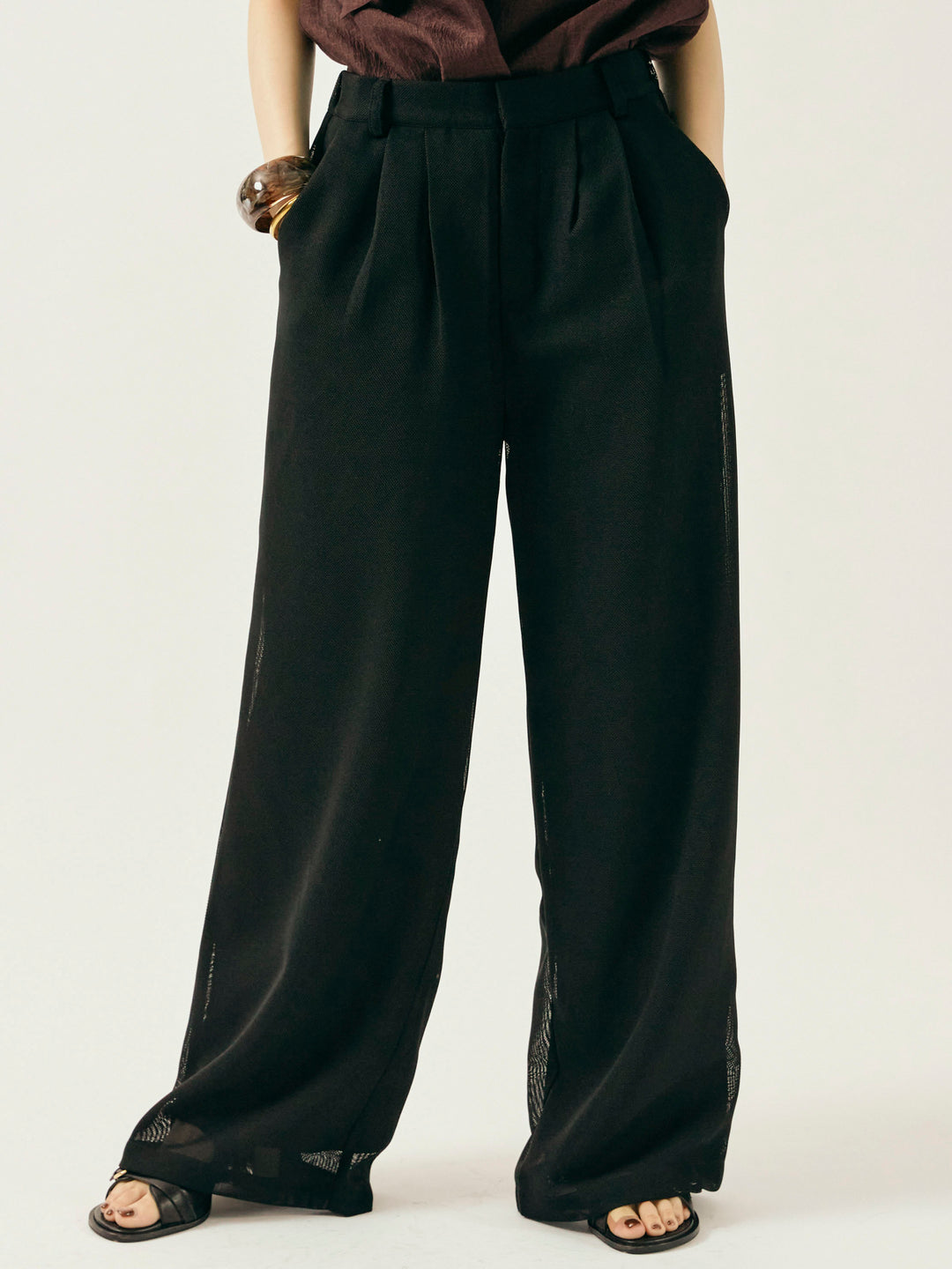 [予約]メッシュタックワイドパンツ/ブラック