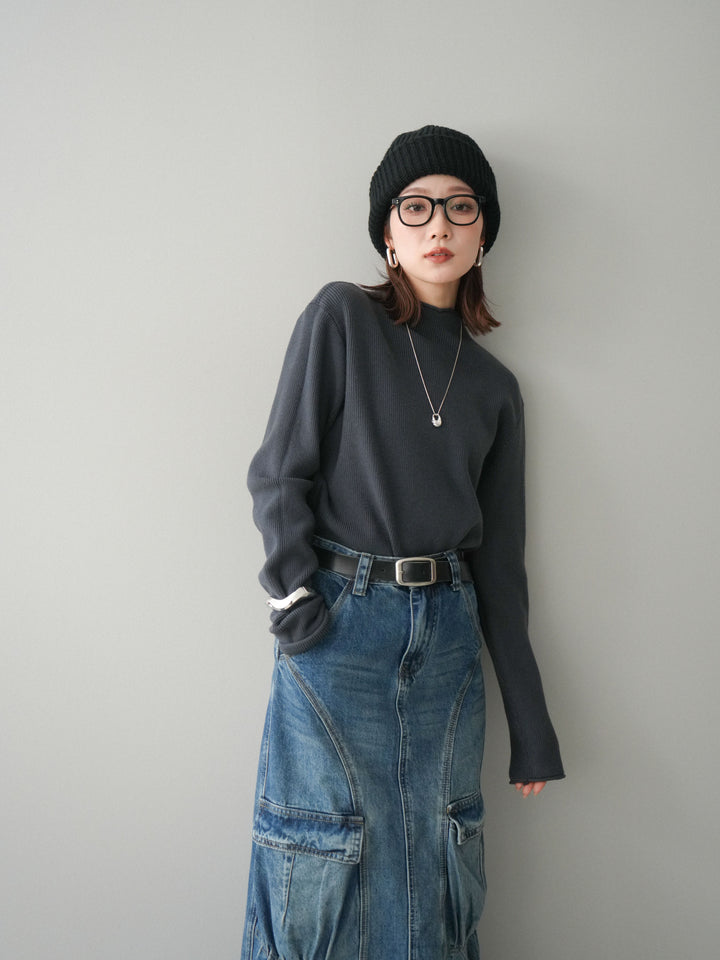 [予約]ボトルネック裾カールリブニットトップス/charcoal