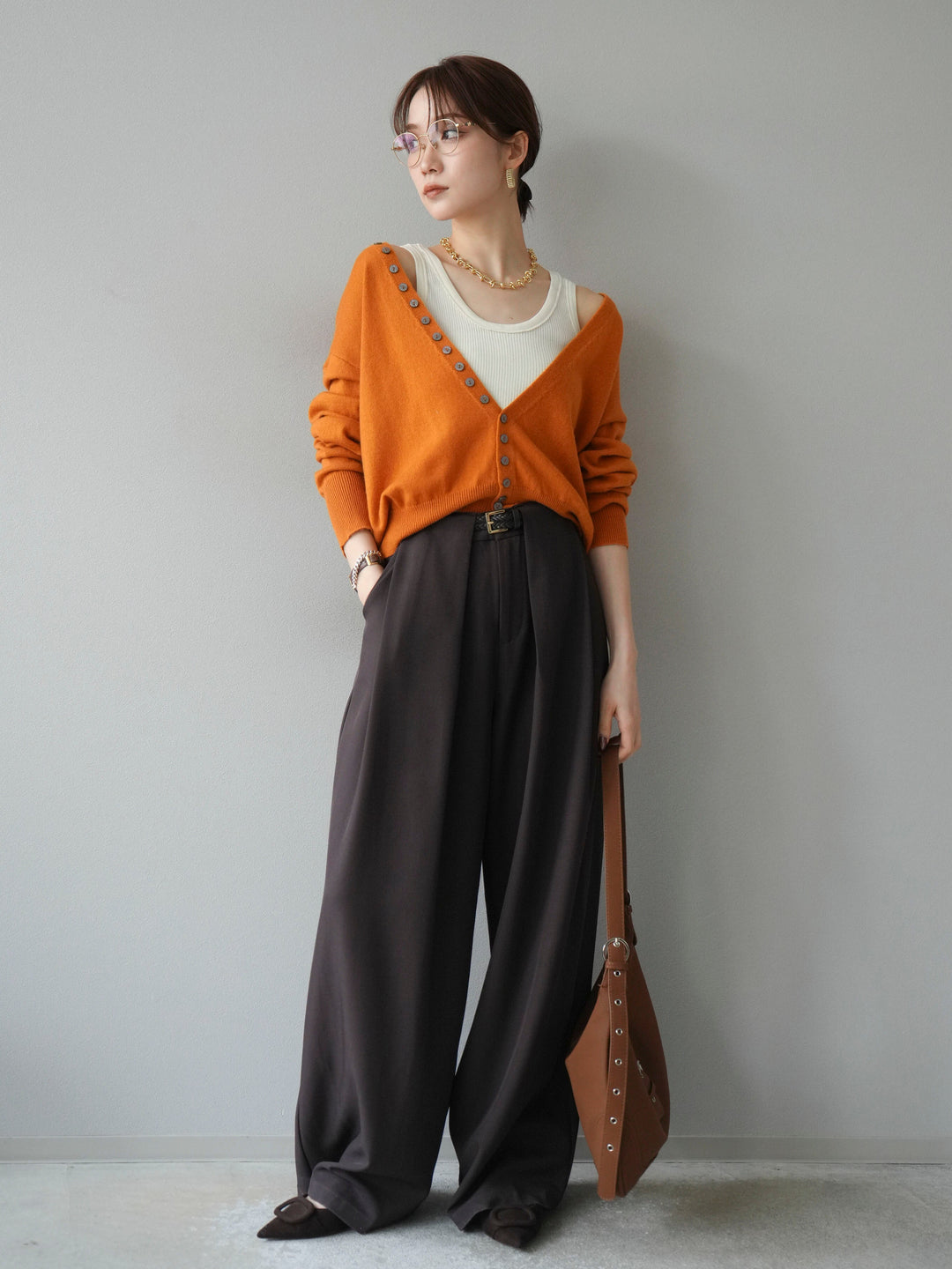 [SET]デザインボタンニットカーディガン＆タンクトップSET+ベルトループデザインワイドパンツ(2set)
