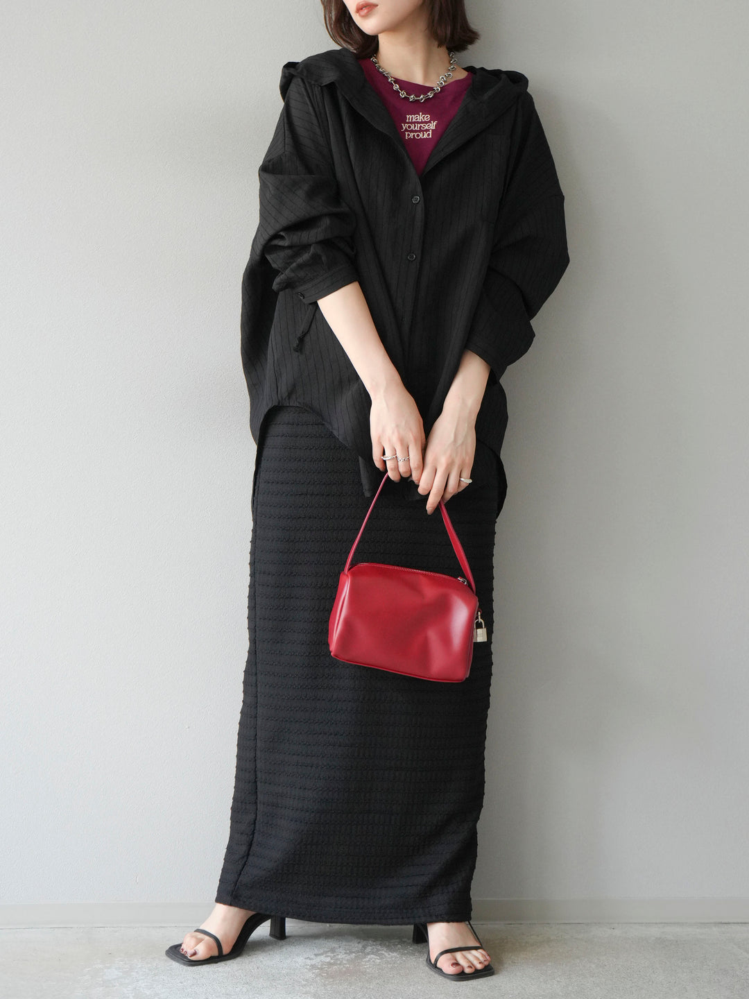 [予約]ワッシャーストライプフーディーシャツ/ブラック