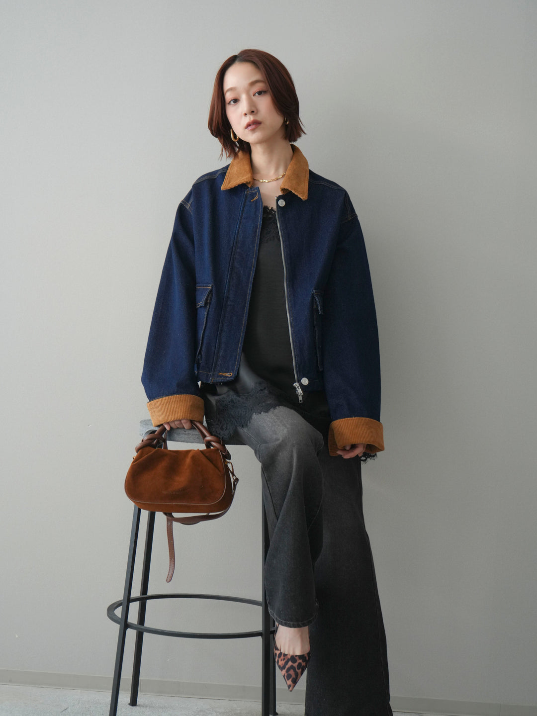 [予約]コーデュロイ×デニムショートカバーオール/indigo