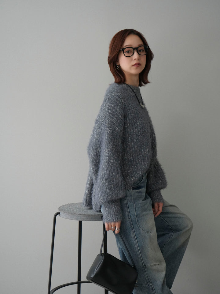 [SET]ボリュームスリーブシャギー MIXニットプルオーバー+ベルト付カーブデニムパンツ(2set)